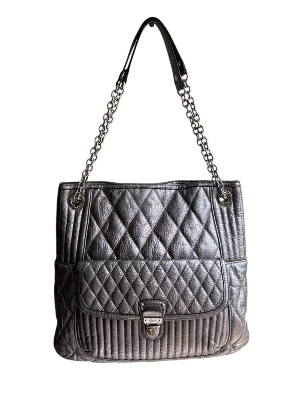 Coach Poppy 19854 Slim Leather Quilted Metallic Platinum Shoulder Tote